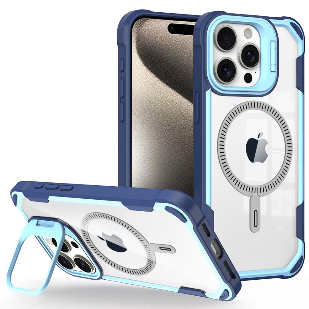 

For iPhone 14 Pro Max Case PC+TPU+Acrylic Back Cover with Lens Kickstand Compatible with MagSafe Blue