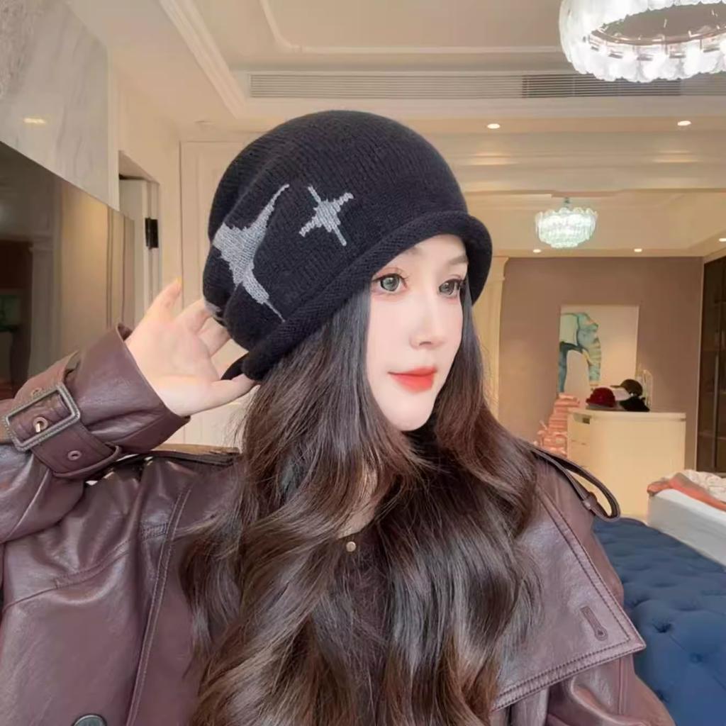 Curled Edge Drawstring Star Beanie for Women, Autumn and Winter Korean Style, Face Slimming, Warm Ear Protection Hat, Women's Cold Weather Cap, Head