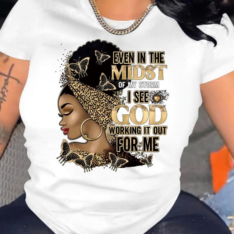 

Cartoon Portrait and Lettering Printed T-shirt, Spring and Summer Casual Short-sleeved Tops, Women s Clothing S