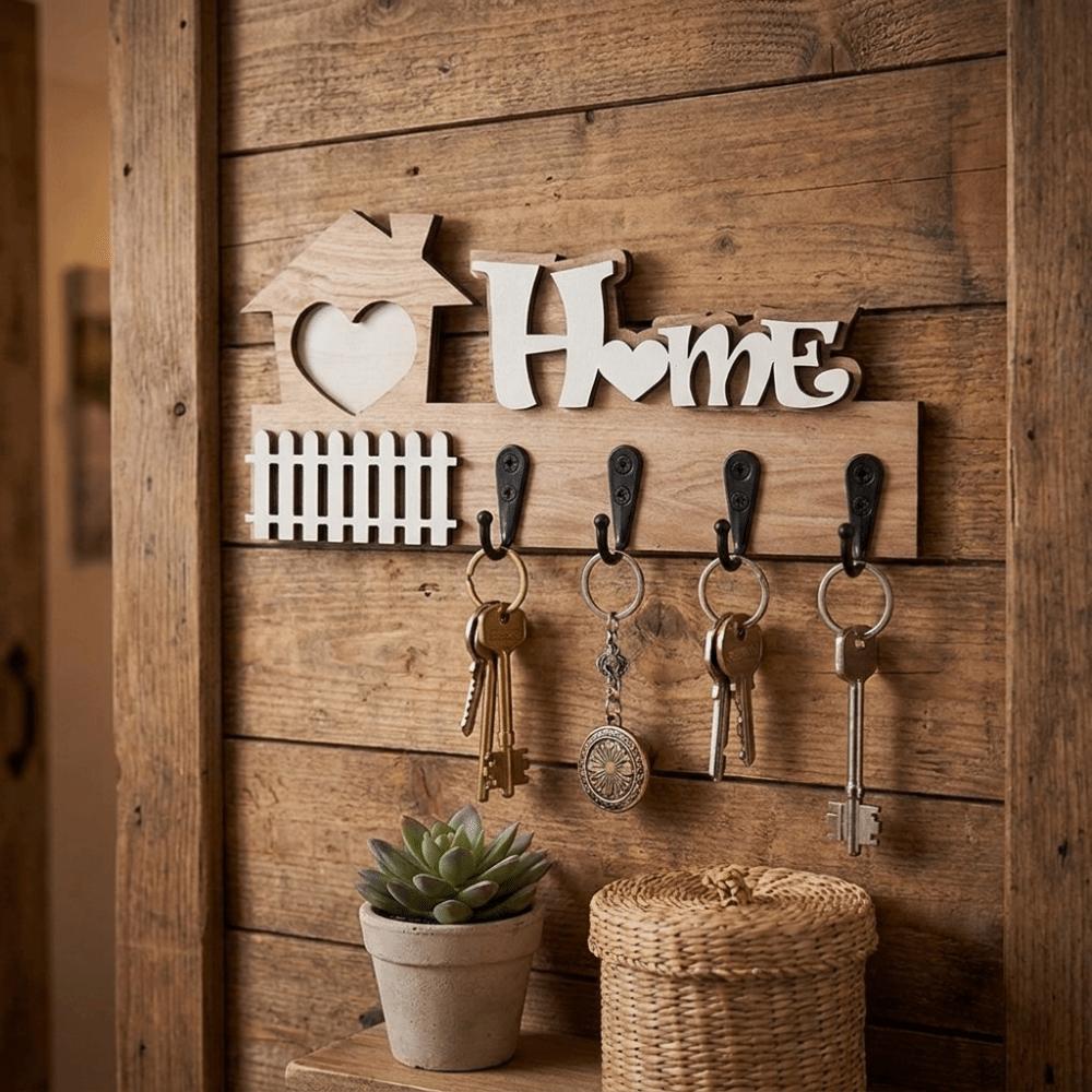 Vintage Wooden Key Hook 4 Hooks Key and Accessory Hanger Wall Storage Rack Entrance Decoration
