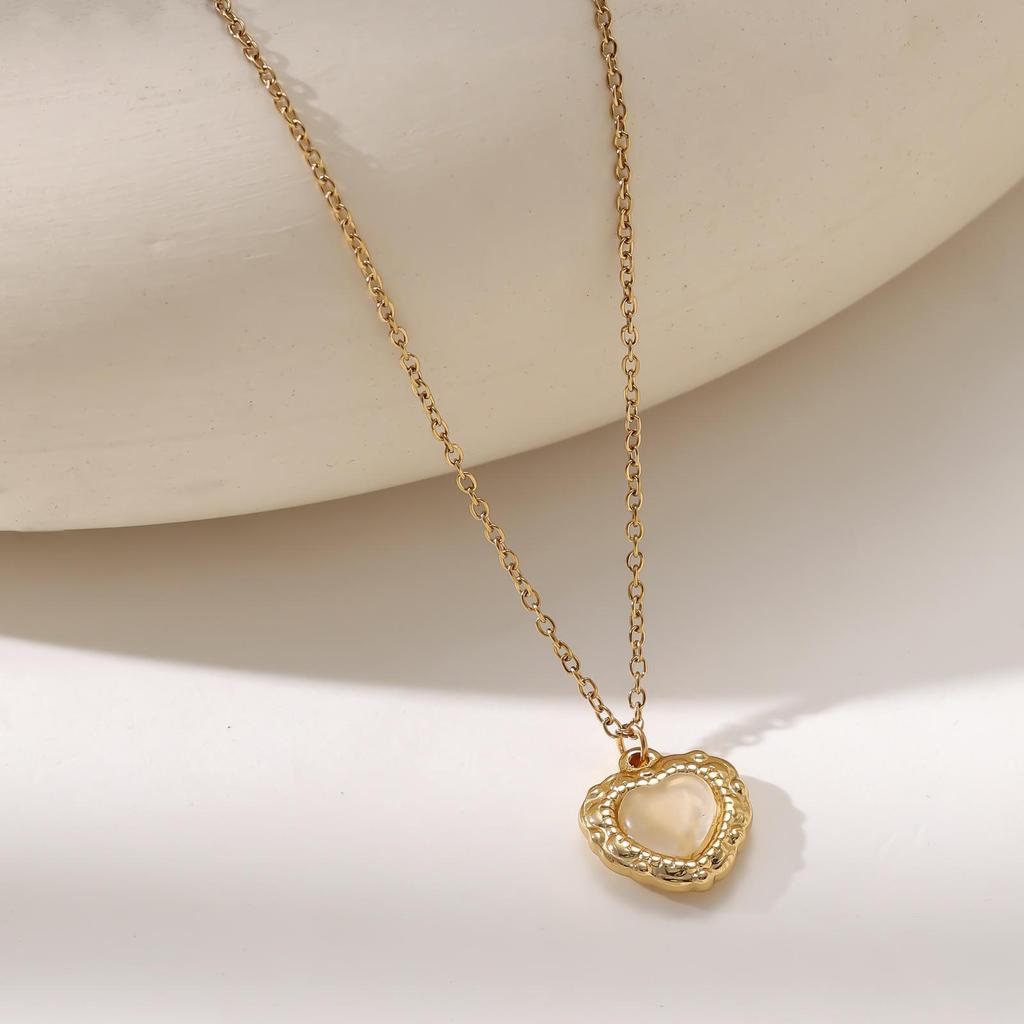 18K Gold Cat's Eye Heart Necklace - Women's Stainless Steel Heart Pendant Clavicle Chain