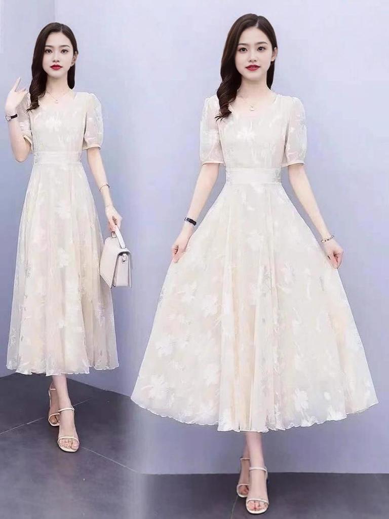 Vestido de Gasa Nuevo de Verano para Niñas, Estilo Francés Maxi Vestido con Mangas Abullonadas para Adelgazar la Cintura