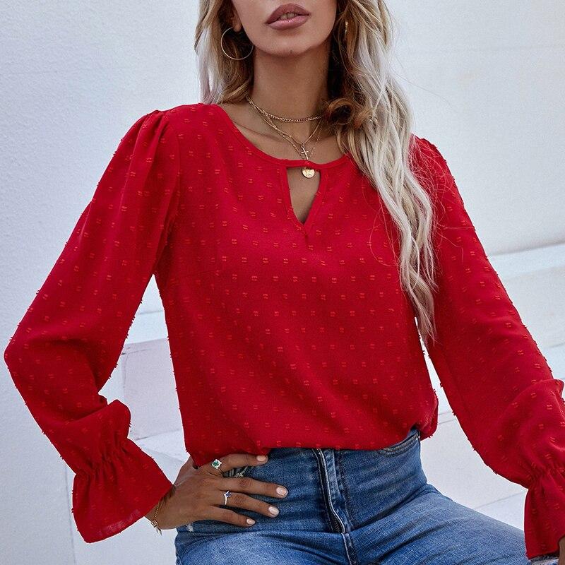 

Элегантная жаккардовая блузка в горошек, женский топ с круглым вырезом и длинными рукавами, Mujer, весенние свободные полые кружевные шифоновые женские рубашки Blusas 24886 XL красный