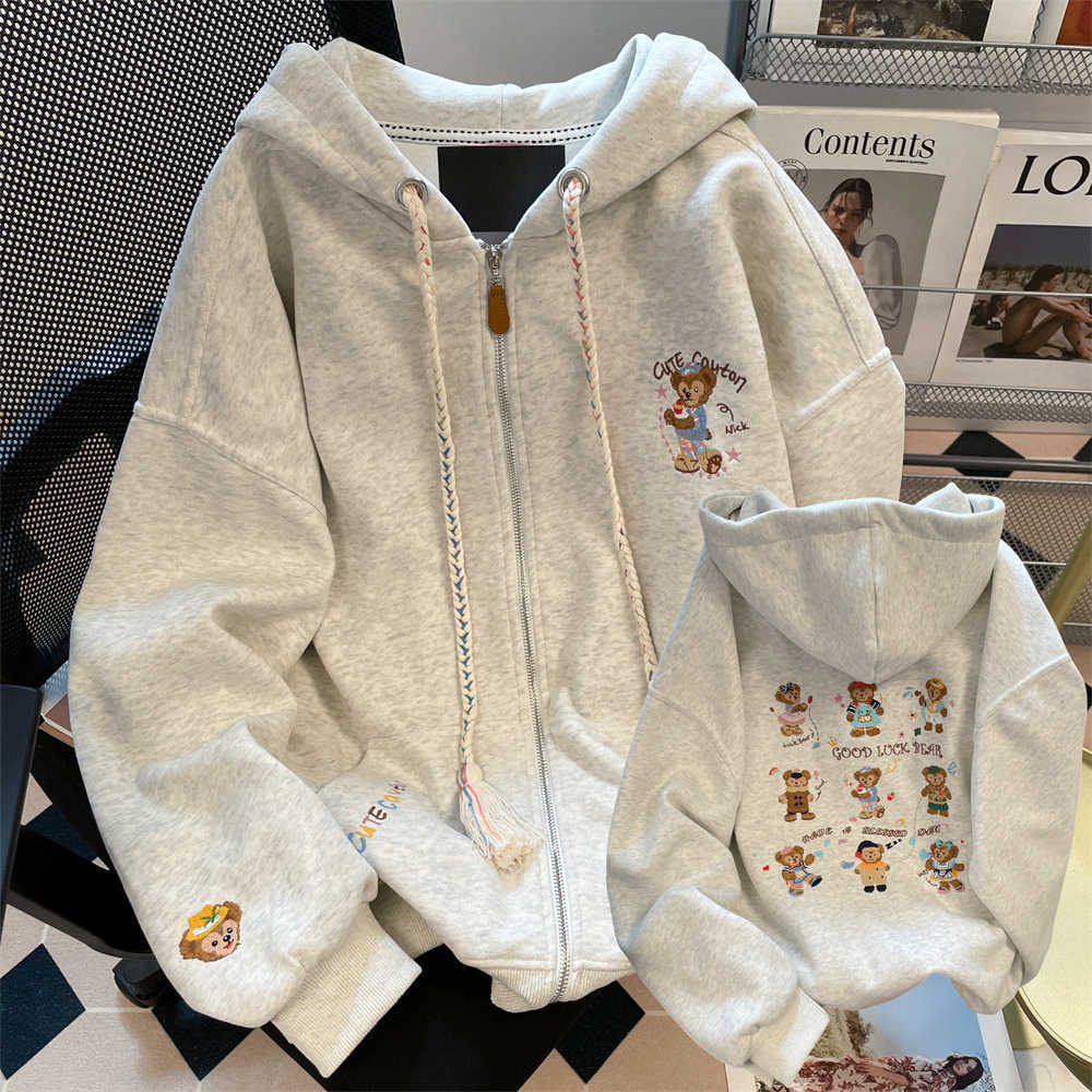 

American Lazy Chic Bear Embroidered Hooded Sweater Men and Women Spring and Autumn Retro Oversize Zipper Jacket L