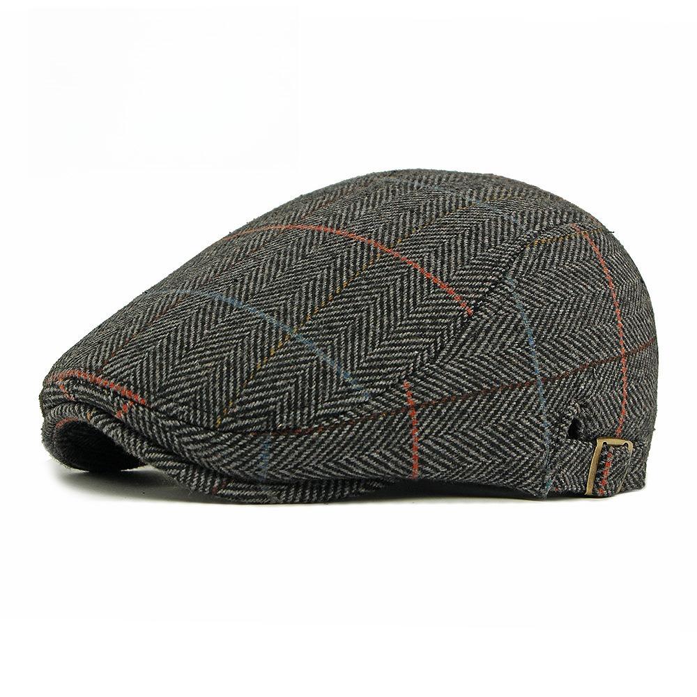Men s Herringbone Plaid Woolen Flat Cap Fleece Lined Winter Warm Ivy Cap British Retro Gatsby Cabbie Hat Adjustable Strap adjustable 55-59cm