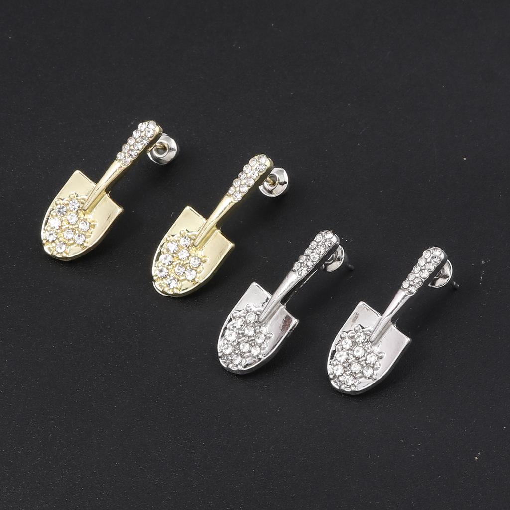 Women Girls Elegant Gold Color Crystal Shovel  Ear Clips Classic Small Size Creative Earrings Corsage Party Fashion Jewelry