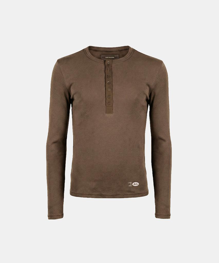 BADBLOOD Bs Cotton Jersey Fitted Henley Neck Long Sleeve T-Shirt - Brown