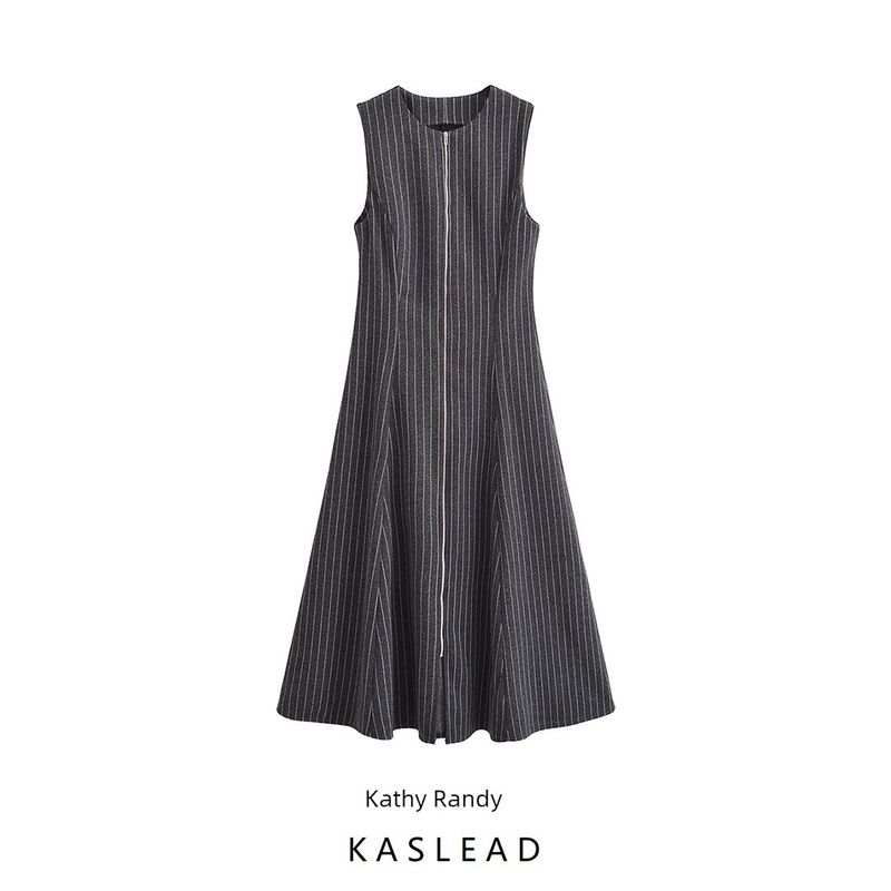Kaslead New Women clothes Western Style Fashion Metal Zip-up round Neck Midi Dress 0264329