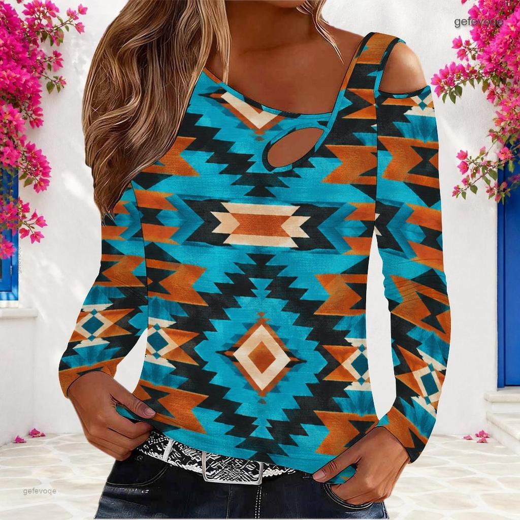 Women Plus Size White Blue Floral Paisley Printed Asymmetric Cutout Neck Cold Shoulder Long Sleeve Fitted Blouse