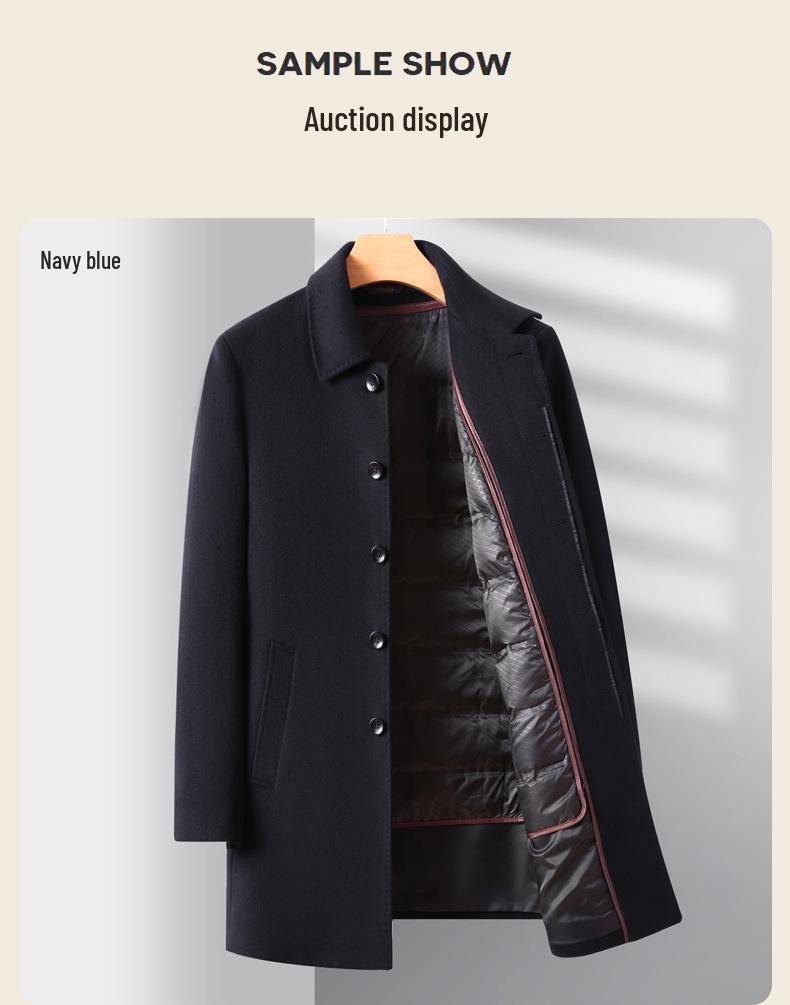 Men's Mid-Length Wool Coat with Detachable Down Liner, Business Lapel Style