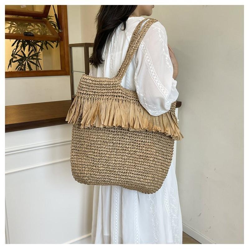 Tassel Paper Rope Straw Bag Hand-woven Bag Seaside Vacation Beach Bag Large Capacity Shoulder Tote Bag Women