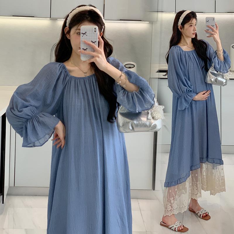 In Stock Blue French Patchwork Lace Maternity Dress - Spring 2026 L синий