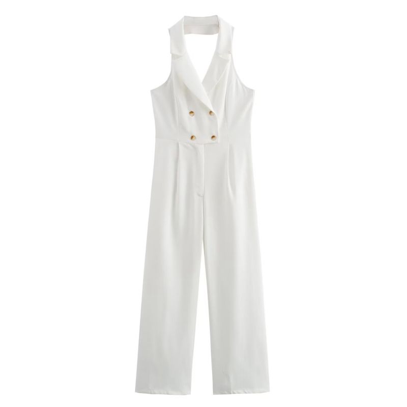 

Za2024 Summer New Product Women s Clothes Fashion Style Fashion Pure Color Hanging Collar Sleeveless Slim Looking Straight Wide Leg Jumpsuit White L