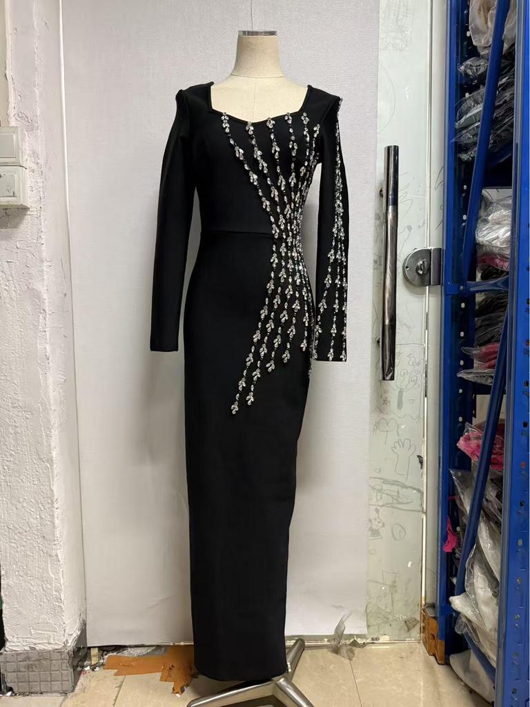2025 Diamond-Studded Bandage Evening Dress – Sexy Long-Sleeved European & American Style