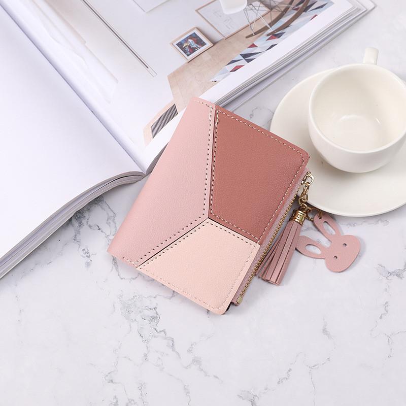 Fashionable Korean Style Short Wallet For Women With Soft Texture And Splicing Design Pink Red
