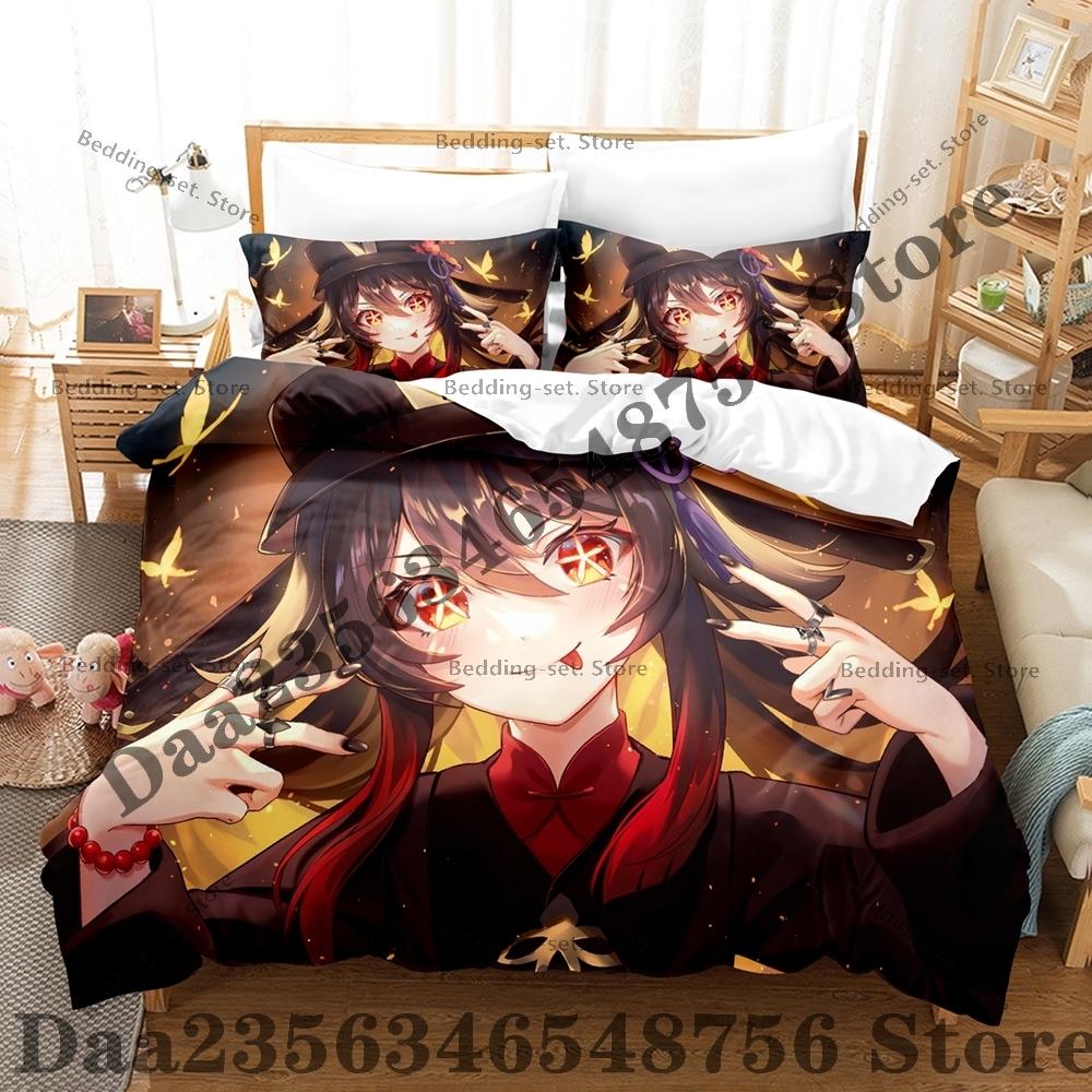 Personality Anime Hu Tao Bedding Set AniThree Piece Bedding Set - Luxury Comforter Set with Queen King Size Including pillowcase