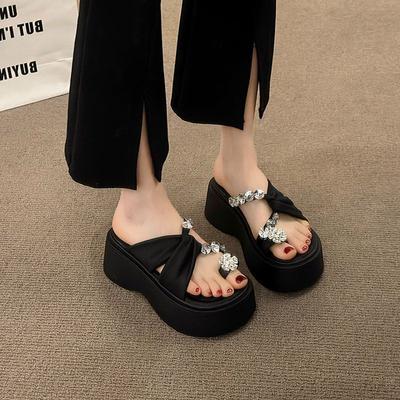 Korean Version of Fairy Wind Thick Sole Heightening Beach with Skirt Sandals Fashion Rhinestone Cover Toe Cool Slippers Female 2025 New