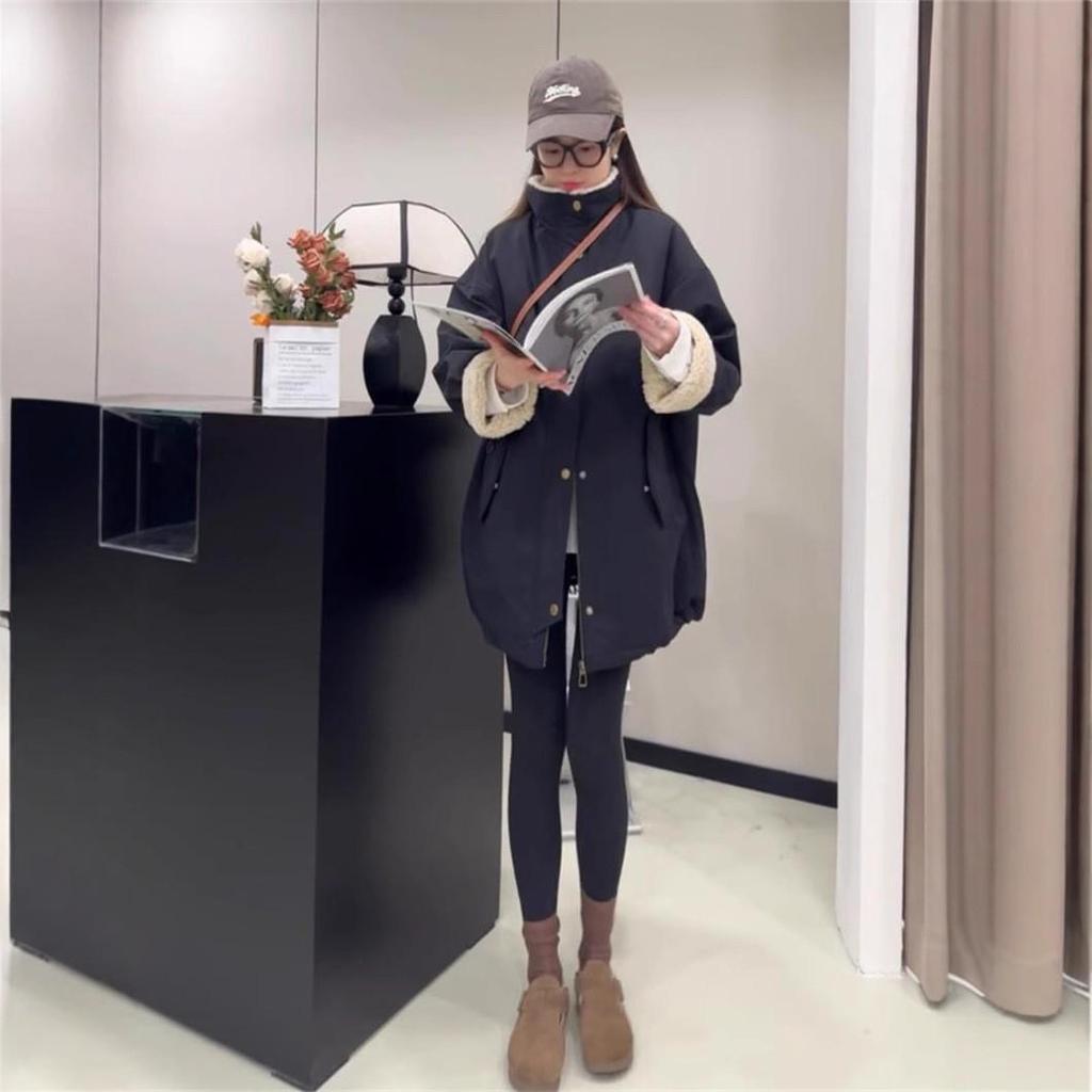 Women's Fleece-Lined Lambswool Parka with Stand-Up Collar - European Style 2024 Autumn/Winter