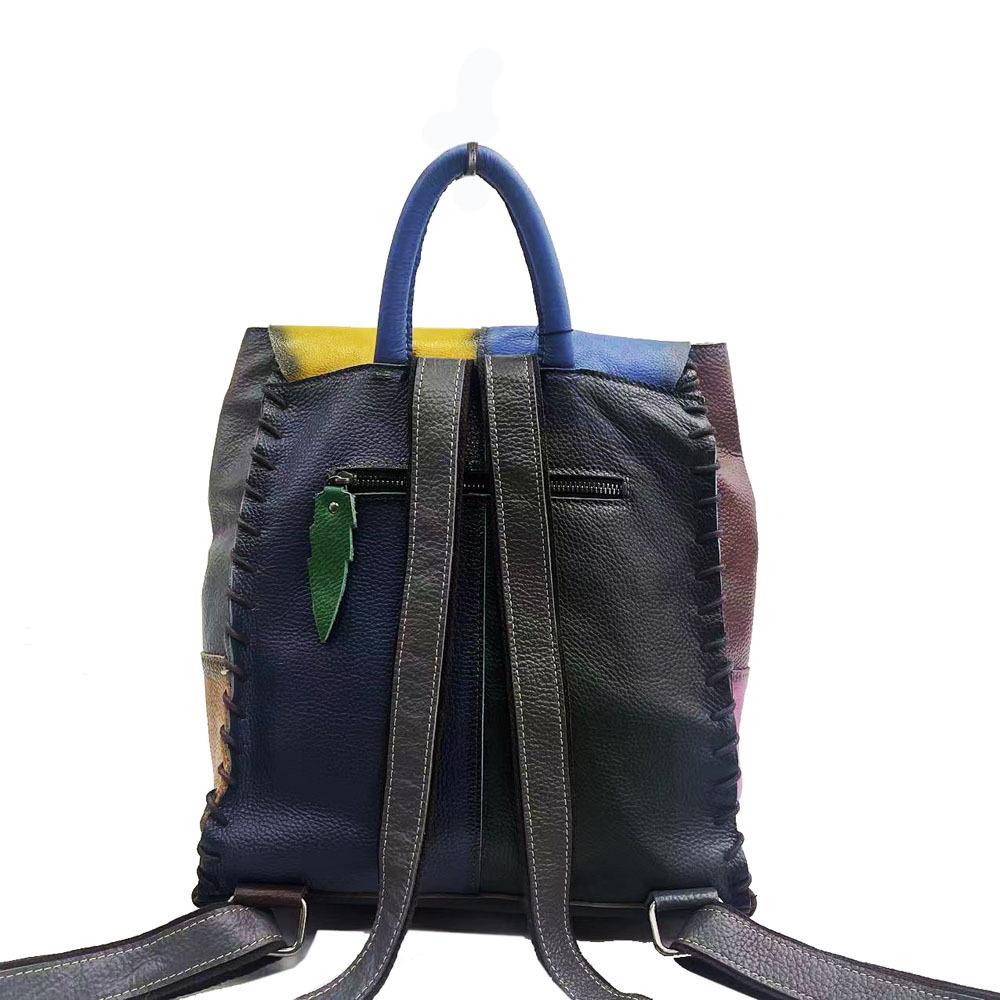 Backpack Leather Women'S Bag Fashion Splicing Colored Cowhide Backpack Women'S Casual Bag School Bag