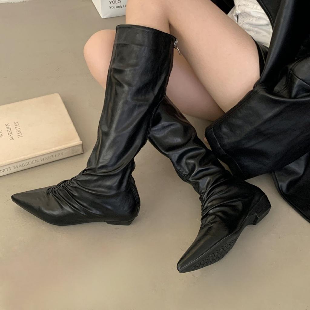 2025 New Korean Version of Pointed Pleated Suede Thick Heel Tall Tube Thin Soft Leather But Knee Riding Boots