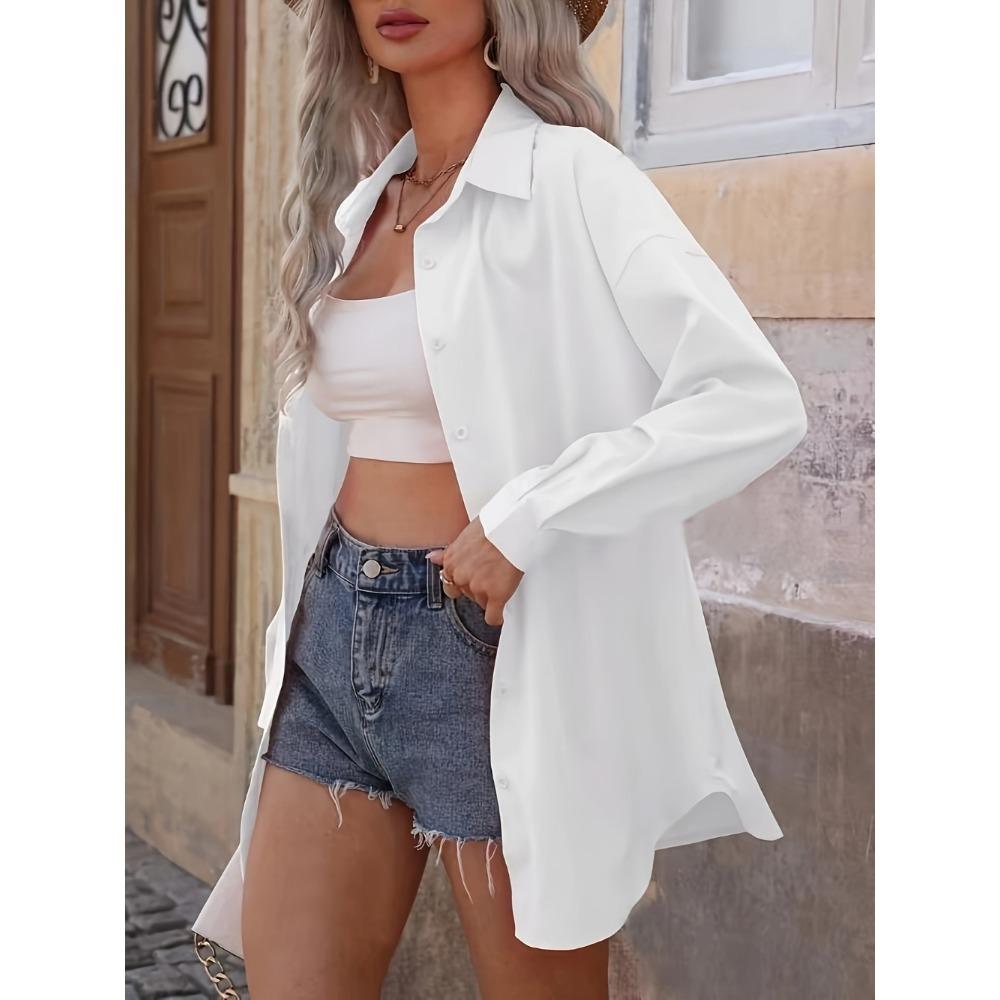 Women'S Elegant Long Sleeve Button-Up Shirt - Solid Color, Relaxed Fit, Knee-Length, Spring/Summer Casual Wear,Comfortable Wear |