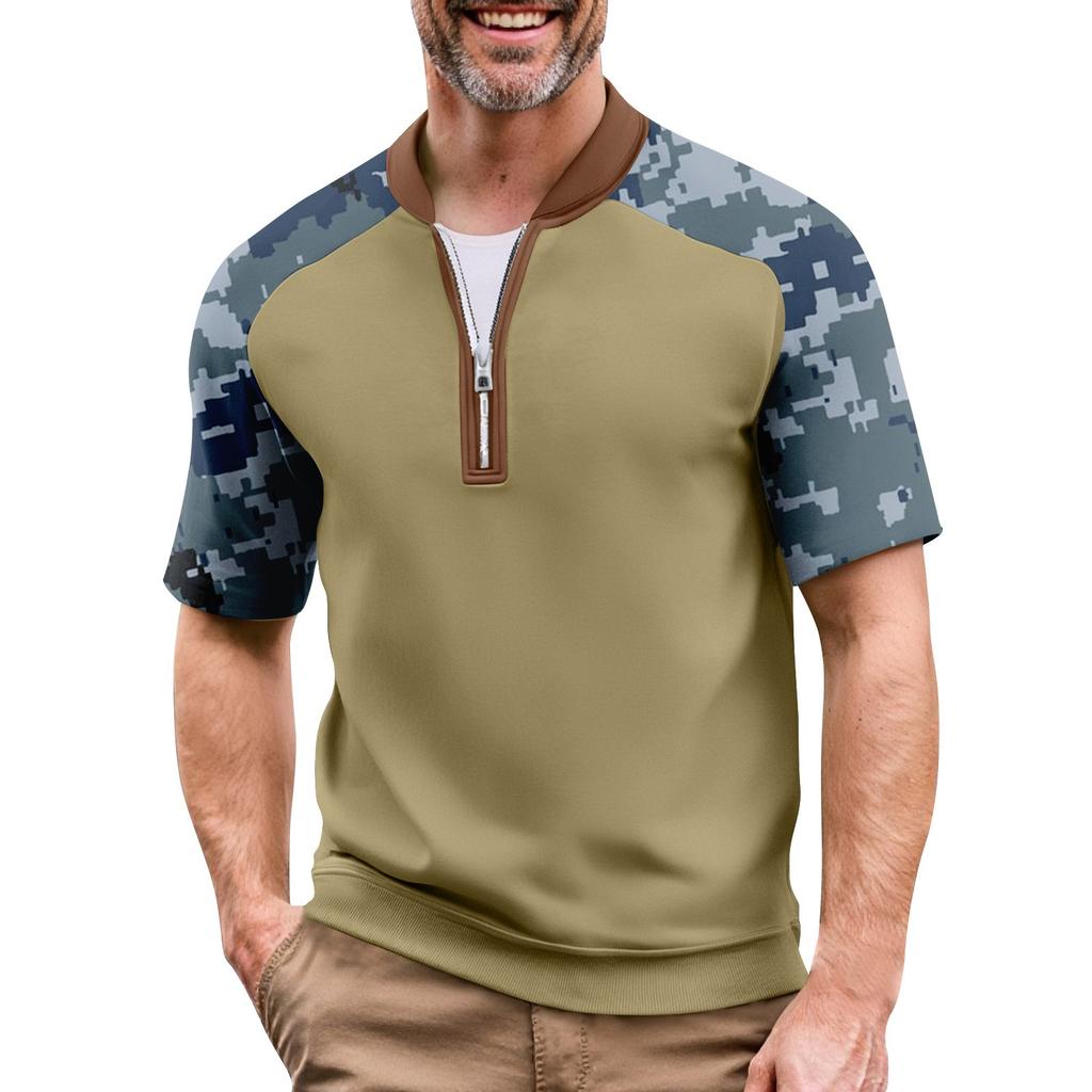 Men's Summer Camouflage Color Casual T-shirt Sports Breathable Zipper Collar Top