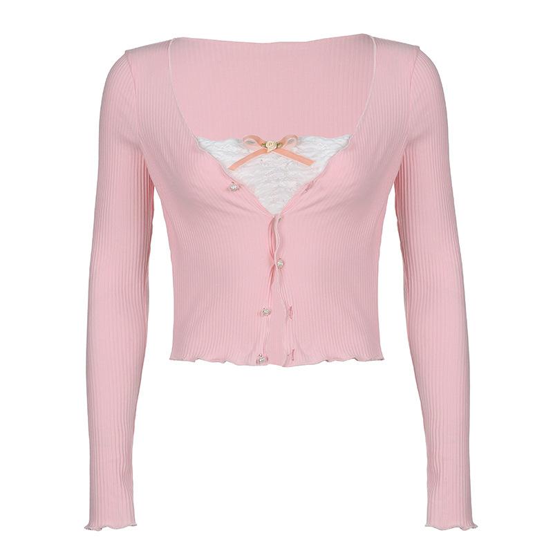 

Поддельные два топа, женская лоскутная кружевная туника с длинными рукавами, укороченный кардиган с оборками L розовый