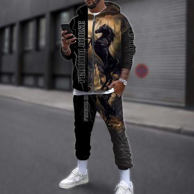 Felpa con Cappuccio 3D Animale Cavallo Cartone Animato Tuta Uomo Divertente Streetwear Giacca con Cappuccio con Cerniera Tuta Maniche Lunghe Set