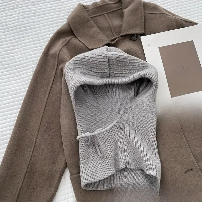 Căciulă Balakla la modă, în stil franțuzesc, pentru fete, Căciulă tricotată drăguță, în culoare uni, Guler, Hanorac dintr-o singură piesă, Căciulă călduroasă, Iarnă