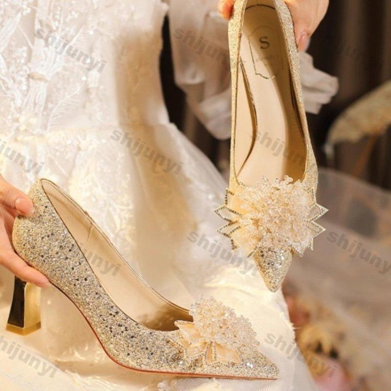 Fashion Rhinestone Women Shoes 2025 Spring Summer New Sequined Large Size Flowers High Heels Fashion Breathable Pointed Toe Bridal Shoes