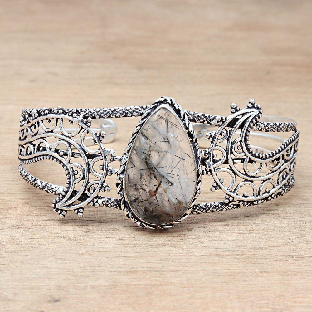 Black Rutile Gemstone Handmade Jewelry Cuff Bracelets 7''Adjustable