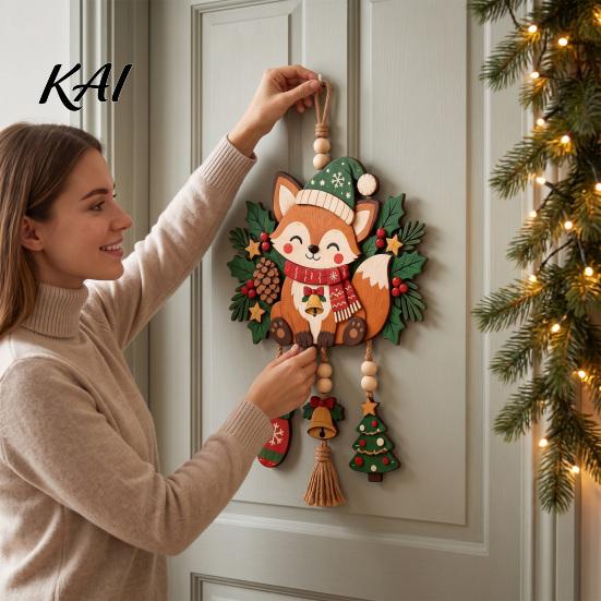 Holiday Party Supplies Christmas Fox Hanging Ornament, Wooden Cute Pendant with Glove Bell Tree Festive Decoration Charms, for Door Mantel Tree,