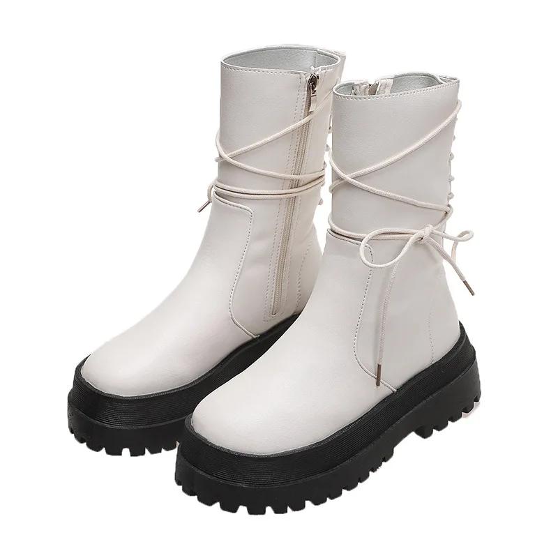 Women Boots  New Leather Thick-soled 6 Boots Women's Short Boots Side Zipper Rider Boots Back Lace Mid-tube Boots