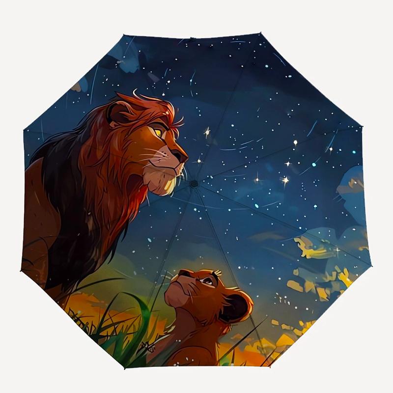 Lion King,Night Sky Fully Automatic Themed Umbrella   8 Ribs Durable Iron Frame, Tri Fold Compact Design, Perfect As a Gift, Travel Umbrella