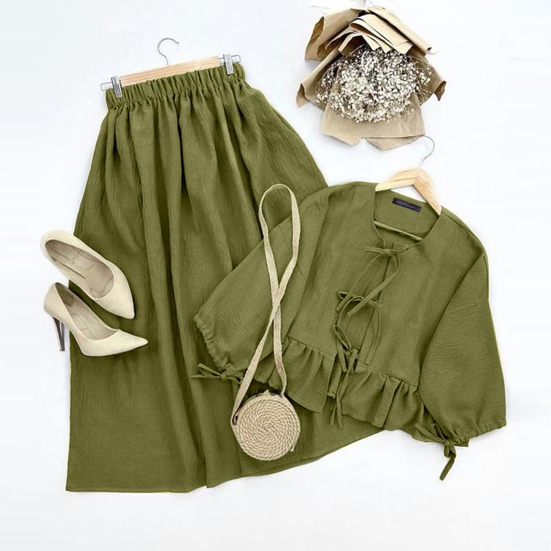 

ZANZEA Женские летние комплекты с круглым вырезом, длинным рукавом, завязкой, блузкой и юбкой А-силуэта S зелёный