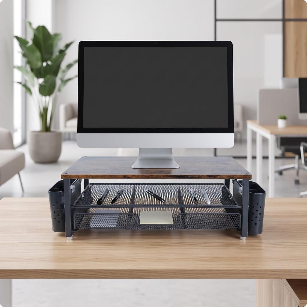 Ergonomic Screen Riser with Storage | WoodGrain Wooden Top, SpaceSaving Design, Computer Stand