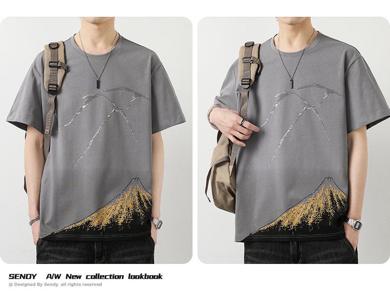 Men's 2024 Summer Trendy Round Neck Pure Cotton Short-Sleeve T-Shirt with Print