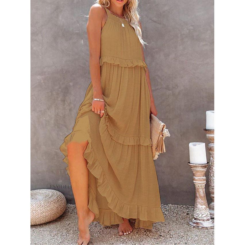 Fitshinling Fırfırlı Parti Uzun Elbiseler Kadınlar İçin Kostüm Seksi Kolsuz Maksi Elbise Dans Kıyafeti A Kesim Boho Tatil Vestidos