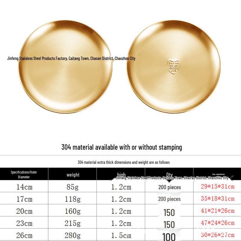 Korean Style 304 Stainless Steel Gold Round Plate for Fruit, Dinner, Vegetables, and BBQ