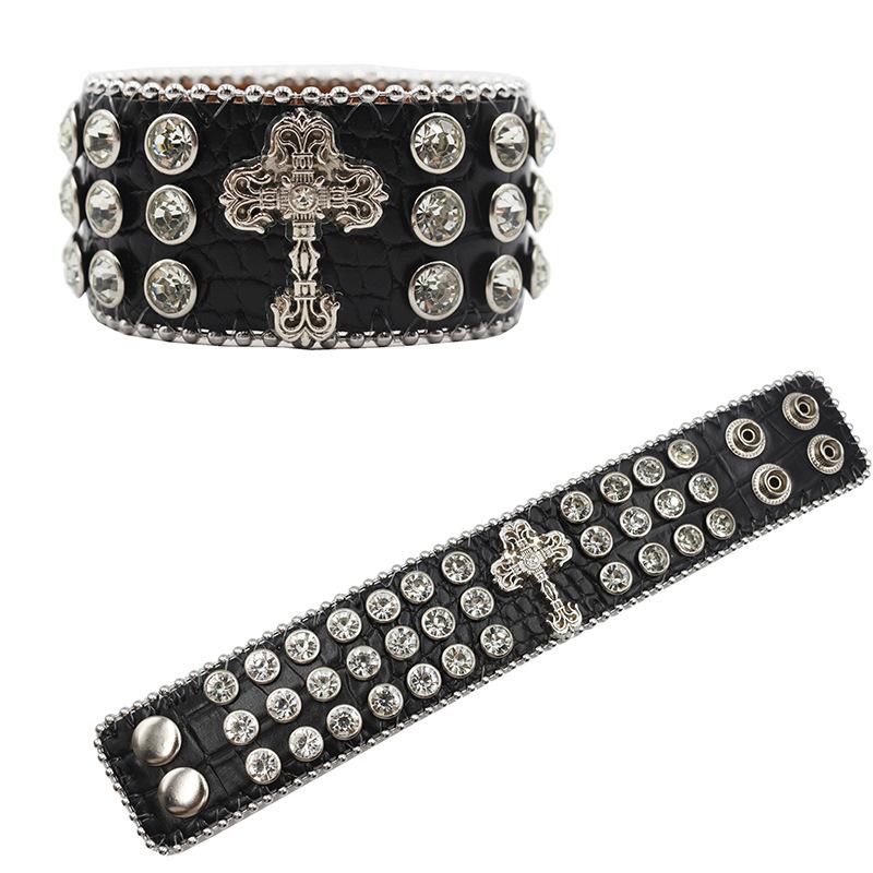 Designed PU Leather Bracelet European and American Hip-hop Punk Full of Diamonds and Rhinestones Bracelet