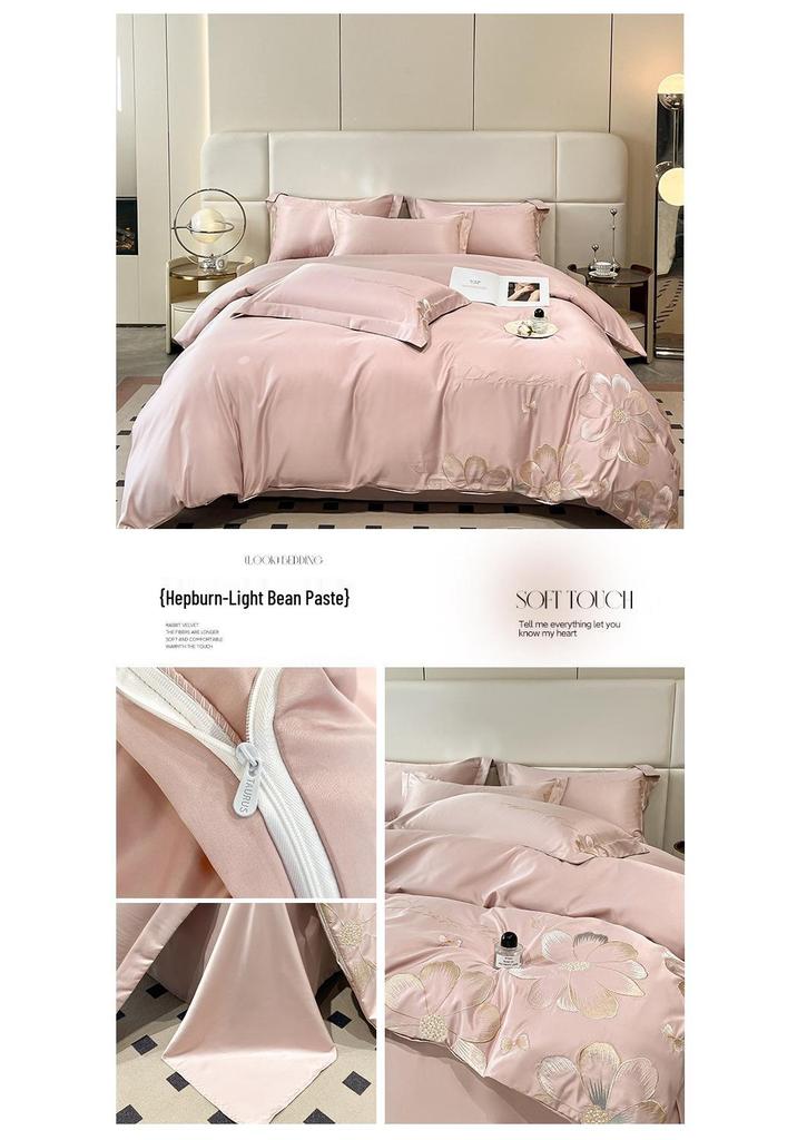 Hepburn Series: Luxurious Floral Embroidery Cotton Bed Sheet Set - Skin-Friendly, Fitted Style, Four-Piece