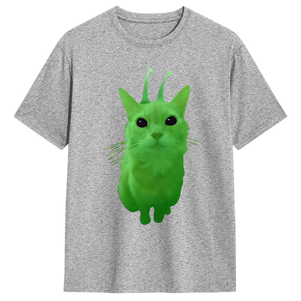 Green Alien Cat Meme Unisex T Shirts Funny Tee Shirt Short Sleeve Round Neck TShirt Pure Cotton 4XL 5XL Clothes