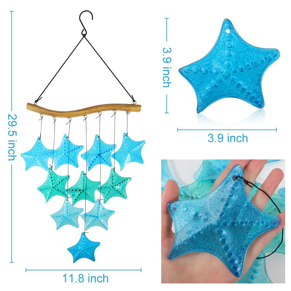 Vindar Sea Glass Wind Chime for Outdoor Unique Blue Starfish Glass Wind Garden or Backyard Memorial Wind Christmas Gift for Grandmother or Birthday