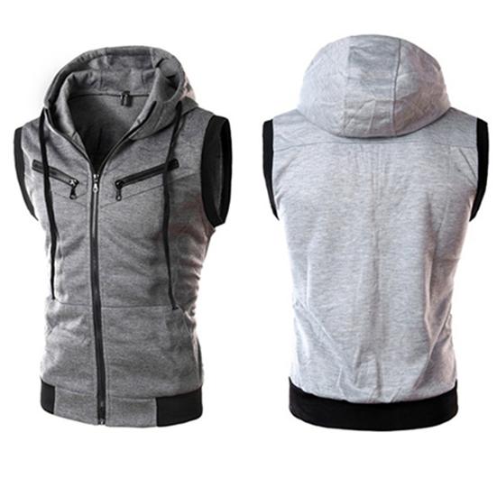 Fashion Men Sleeveless Zipper Hooded Vest Casual Top for Fitness Gym Sports