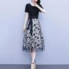 Women Midi Dress Flower Printed Fake Two Piece Mesh Bow-knot Tight Waist Dating Short Sleeves O Neck Lady Party Summer Dress Female Clothes