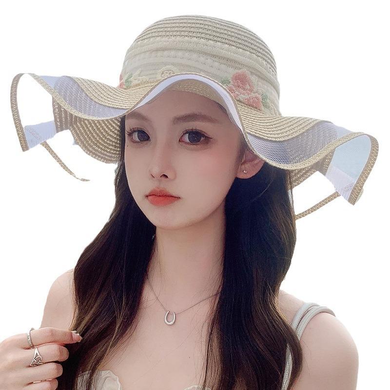 JYL TS DIY Sweet Straw Hat Wide Brim Beach Cap Woven Straw