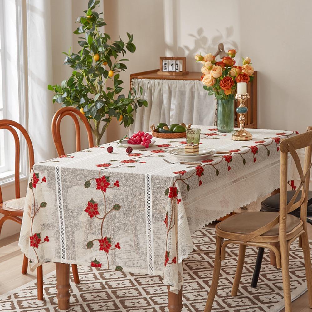 Flower Embroidery Table Cover Beige Table Runner Christmas Lace Tablecloth  Table Decorations