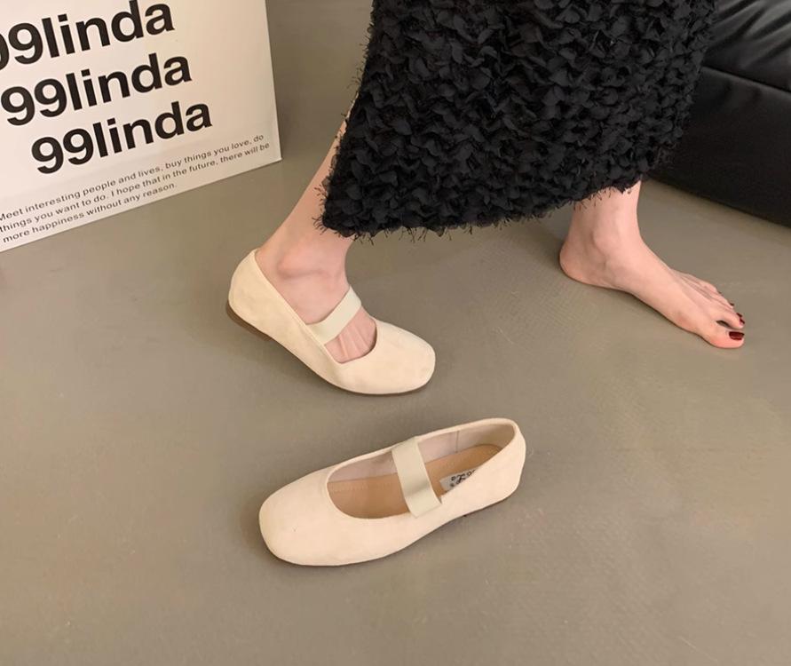 

Ballet style retro round head shallow mouth single shoes female spring and autumn new suede fairy casual elastic band flat-soled beanie shoes 40