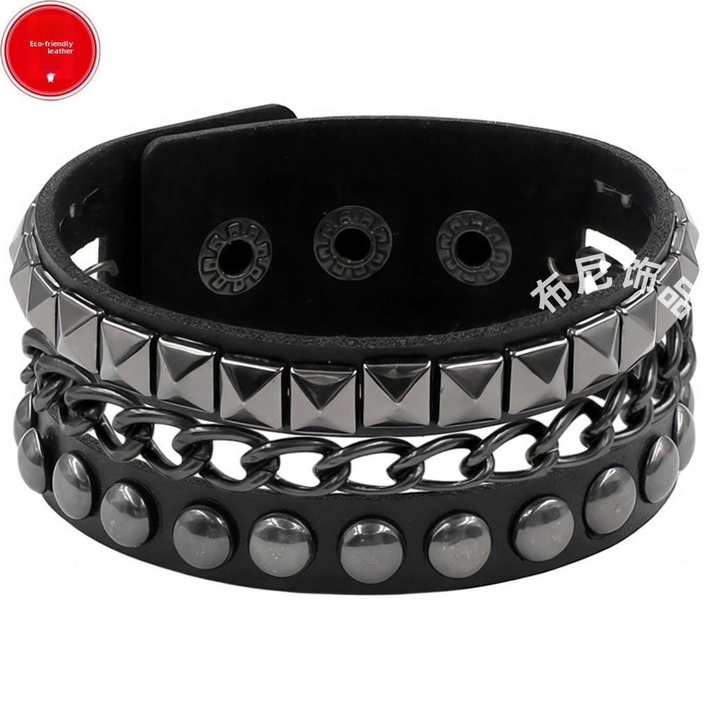 PU Leather European and American Punk Bracelet Dark Black Square Rivet Bracelet Non-mainstream Iron Chain Multi-layer Bracelet