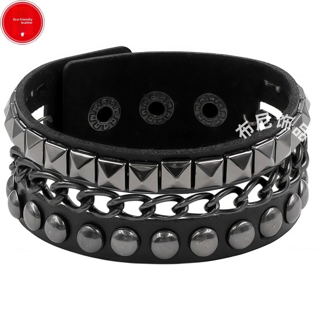 PU Leather European and American Punk Bracelet Dark Black Square Rivet Bracelet Non-mainstream Iron Chain Multi-layer Bracelet